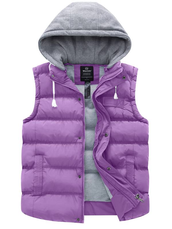 Women's Quilted Puffer Vest Padding With Removable Hooded - Purple