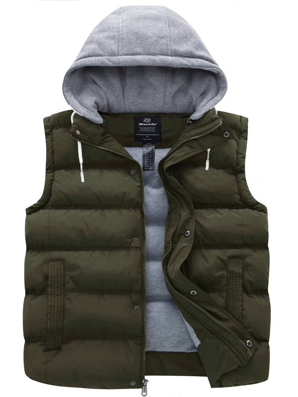 Men's Big and Tall Puffer Vest Plus Size Gilet Winter Jacket with Detachable Hood Recycled Polyester - Army Green