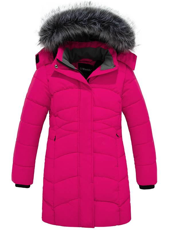 Girl's Long Winter Coat Parka Warm Puffer Jacket - Rose Red