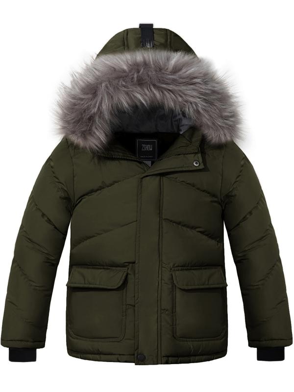 Boy's Hooded Puffer Jacket Thick Padded Winter Coat Windproof Parka - Army Green