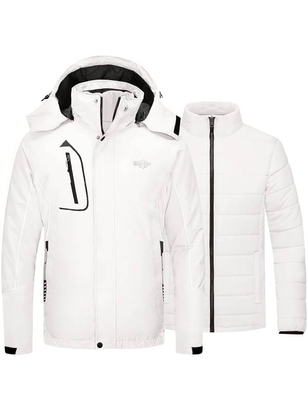 Men's 3-in-1 Ski Jacket Hooded Waterproof Warm Winter Coat Alpine III - White