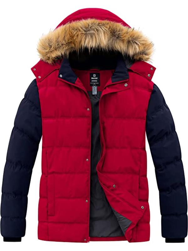 Men's Big & Tall Warm Winter Coat Plus Size Puffer Jacket with Removable Fur Hood Recycled Fabric - Red