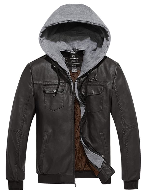 Men's Faux Leather Jacket Moto Jacket with Removable Hood - Coffee