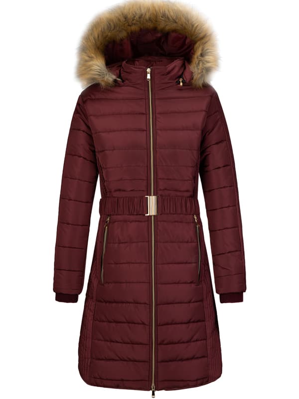 Women's Winter Puffer Jacket Mid Length Warm with Faux Fur Hood Acadia 28 - Burgundy