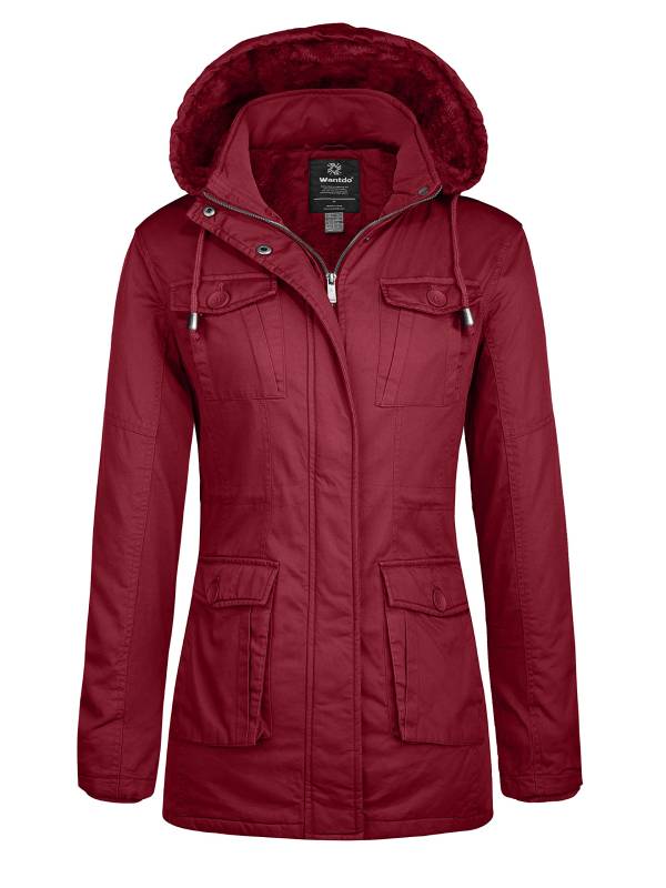 Women's Hooded Winter Coat Warm Sherpa Lined Parka Jacket City II - Wine Red