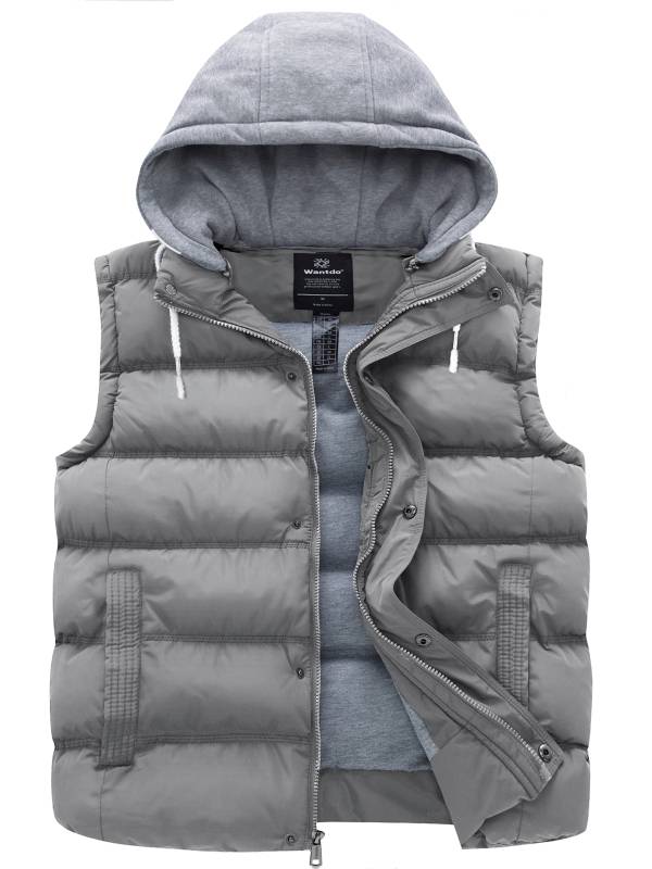Women's Big and Tall Puffer Vest Plus Size Gilet Winter Jacket with Detachable Hood Recycled Polyester - Gray