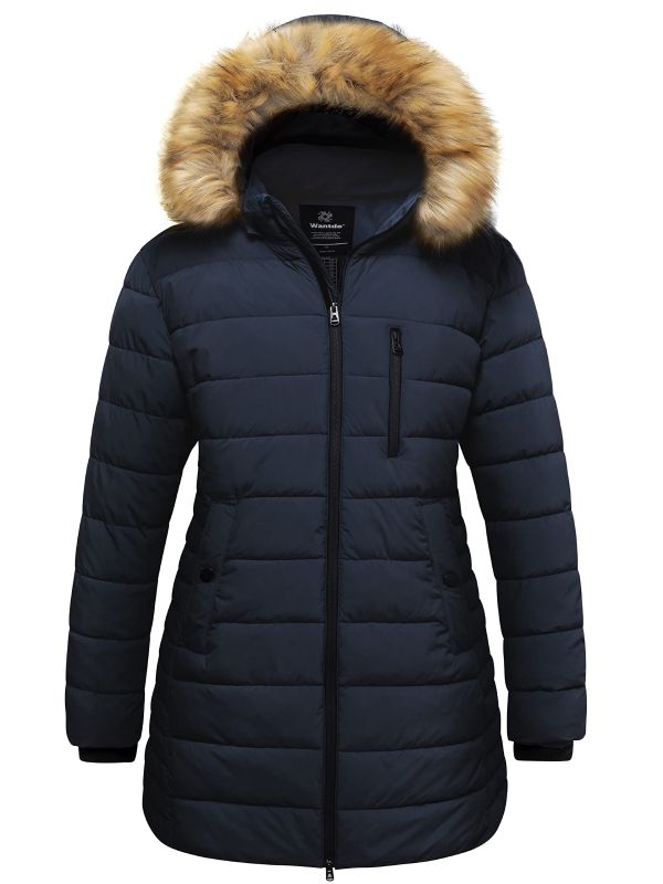 Women's Plus Size Puffer Coat Warm Winter Parka Jacket with Removable Fur Hood Recycled Polyester Fabric - Navy