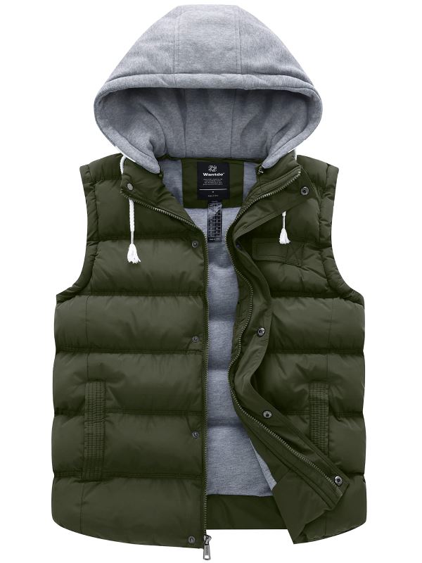 Men's Winter Quilted Vest Removable Hooded Sleeveless Gilet - Army Green