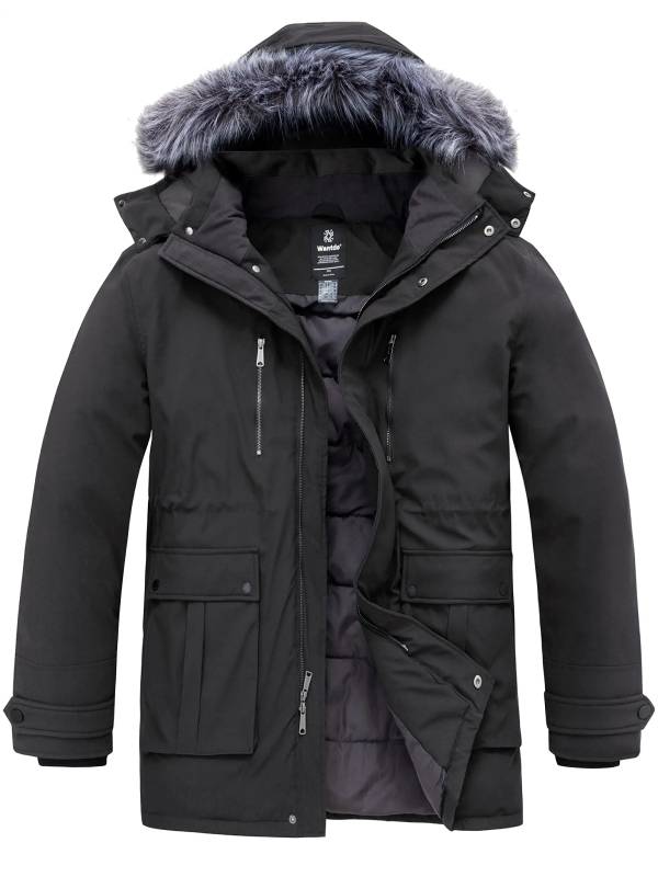 Men's Big and Tall Long Puffer Jacket Winter Coat Warm Snow Parka Plus Size with Removable Fur Hood Eco Friendly Fabric - Black