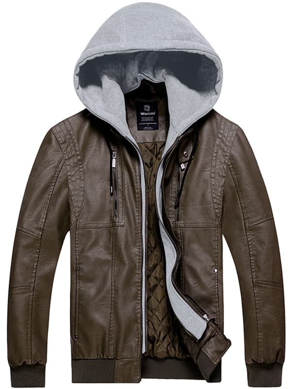 Men's Faux Leather Jacket Moto Hoodie Jacket Outwear - Army Green