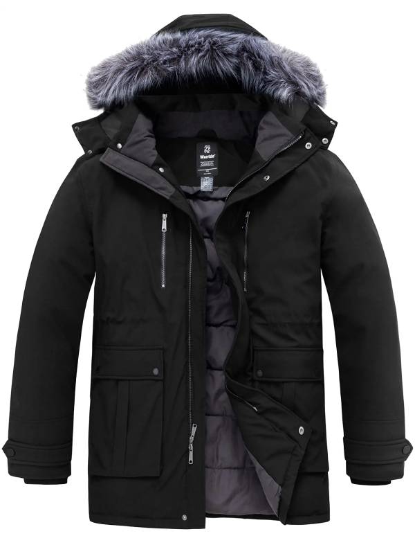 Men's Big and Tall Long Puffer Jacket Winter Coat Warm Snow Parka Plus Size with Removable Fur Hood Eco Friendly Fabric - Dark Gray