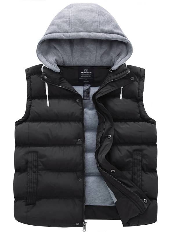 Women's Big and Tall Puffer Vest Plus Size Gilet Winter Jacket with Detachable Hood Recycled Polyester - Black