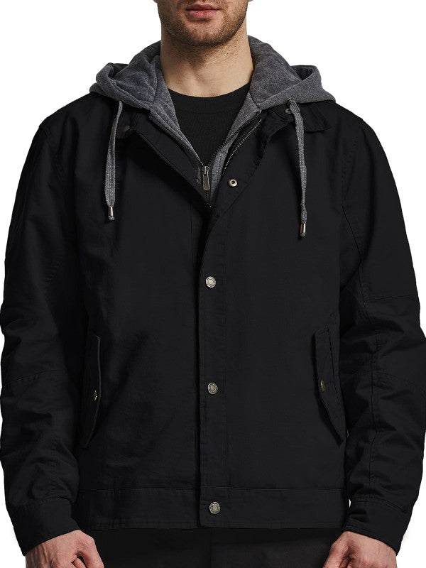 Men's Casual Military Jacket Fall Canvas Jacket With Removable Hood - Black