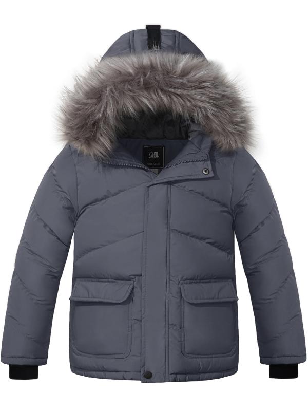 Boy's Hooded Puffer Jacket Thick Padded Winter Coat Windproof Parka - Dark Gray